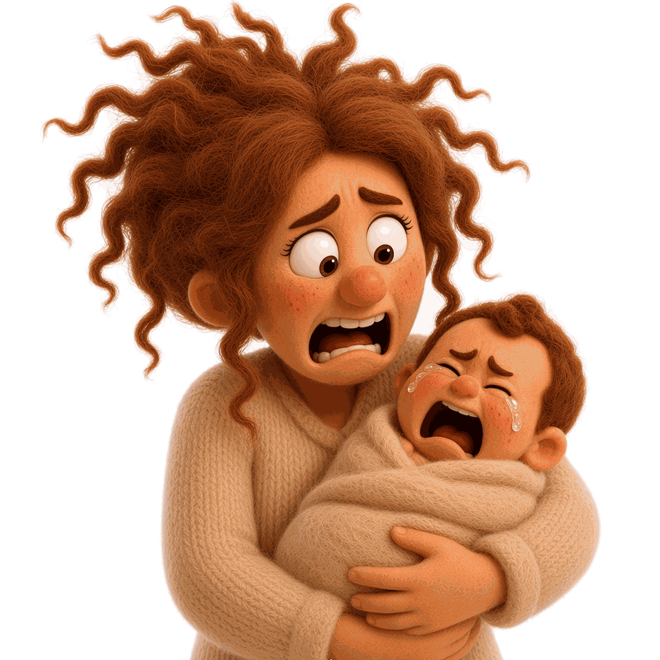An exhausted parent holding a crying baby