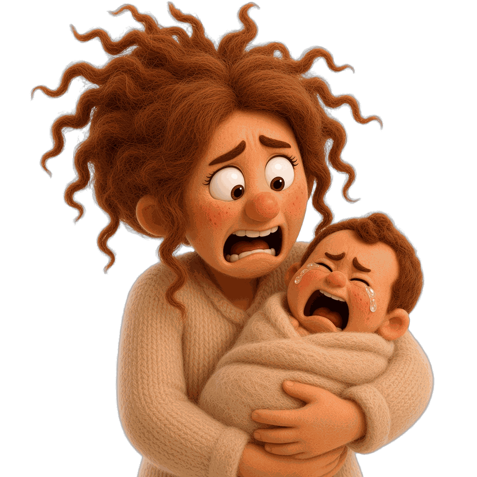 An exhausted parent holding a crying baby