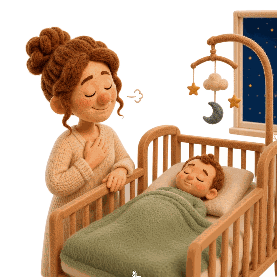 A parent beside a crib at bedtime