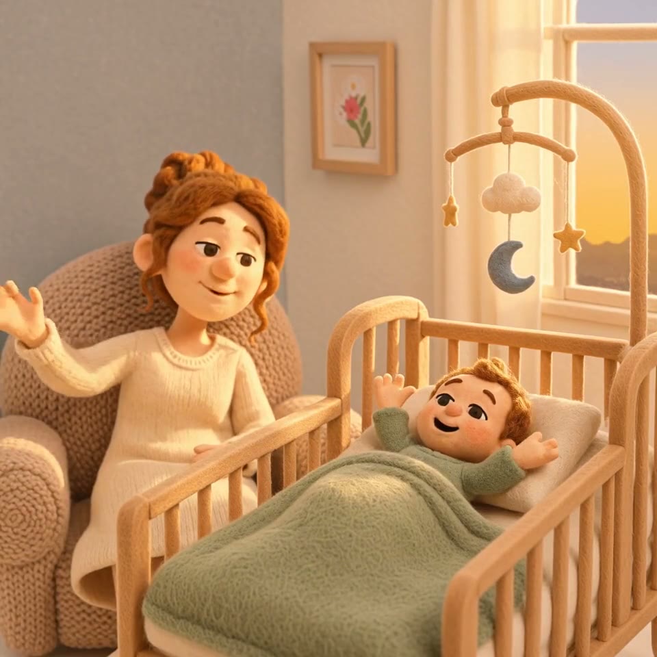 A parent and baby waking up happy in a sunlit nursery