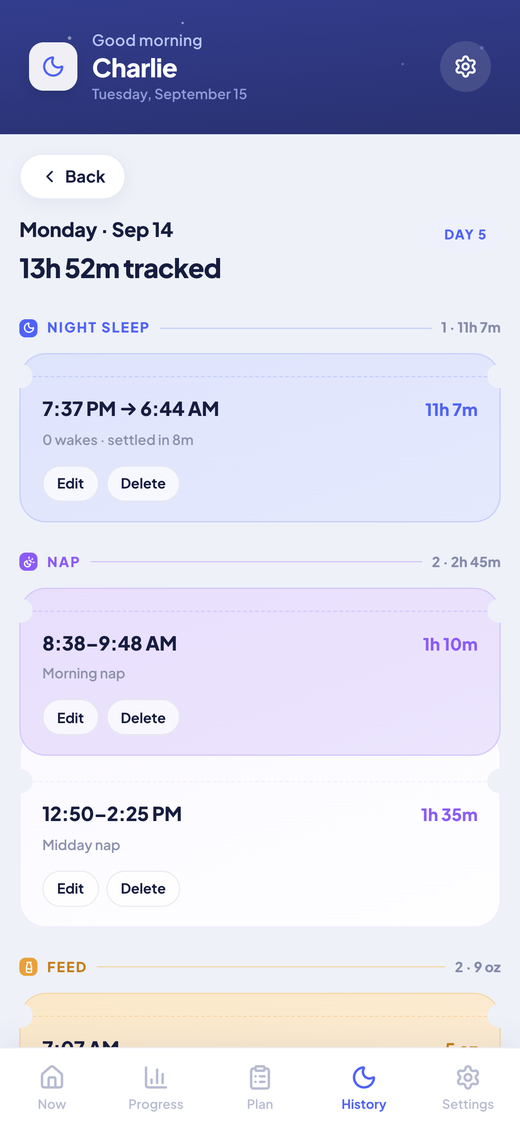 Day view listing night sleep, naps and feeds as editable tickets