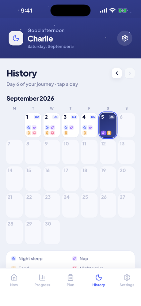 Sleep Sanity History calendar with a badge for each day of the plan and icons for nights, naps, feeds and wakes