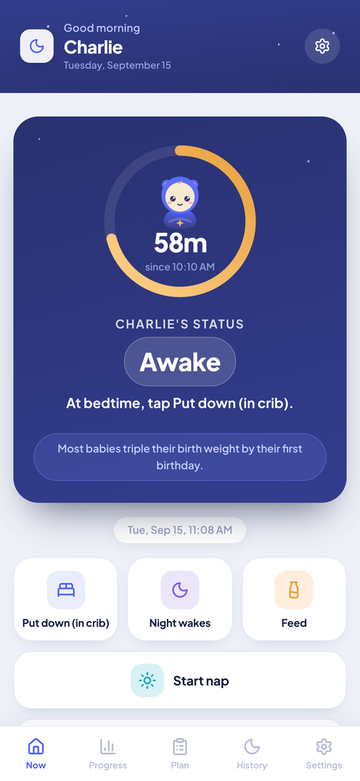 The Now screen with the status ring and Bub the mascot